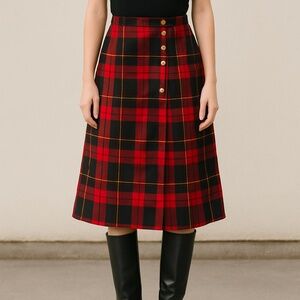 NYGARD COLLECTION Red Wool Tartan Wrap Skirt Plaid Gold Button 12